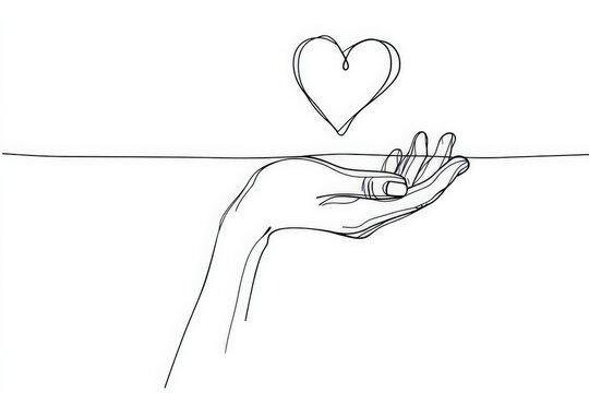 Naklejki Hand reaching out with a heart above in a minimalist line drawing style
