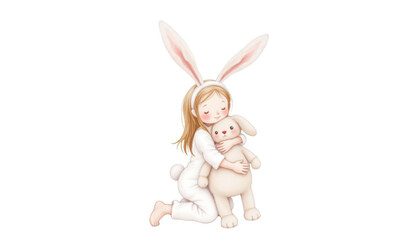 Obraz premium Adorable little girl cradles a fluffy bunny, heartwarming portrait of childhood innocence and gentle love
