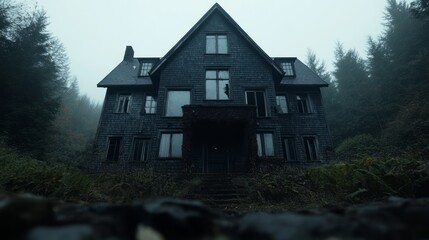 Mysterious Abandoned House Surrounded by Fog and Forest in Eerie Atmosphere