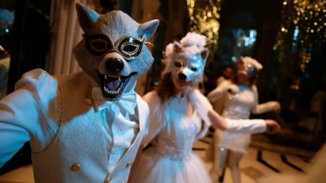 Masked figures dance in elegant costumes at a lavish masquerade ball during the evening