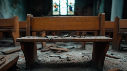 Fototapeta premium Abandoned Church Interior with Dusty Wooden Bench Surrounded by Debris and Stained Glass Window