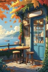 Cartoon anime style Seaside coffee cafe shop