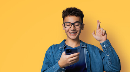 Image - smiling funny young man in braces, glasses hold typing text look read cell phone cellular smartphone cellphone, crossing fingers, pray hope for good luck isolate orange yellow background
