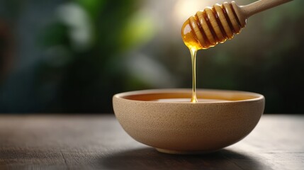Close-Up of Honey Dripping from Wooden Dipper into a Rustic Bowl in Natural Light Setting