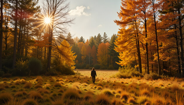 Person walking through autumn forest at sunset, nature's beauty