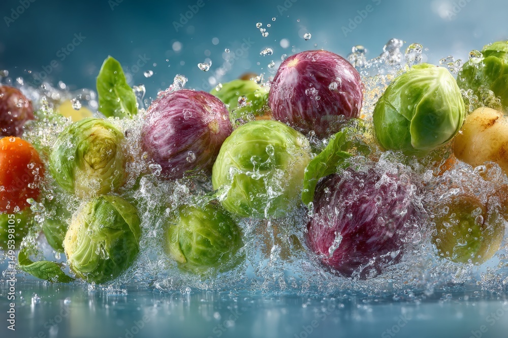 Poster fresh vegetables splashing in water with droplets catching the light in a vibrant display of colors