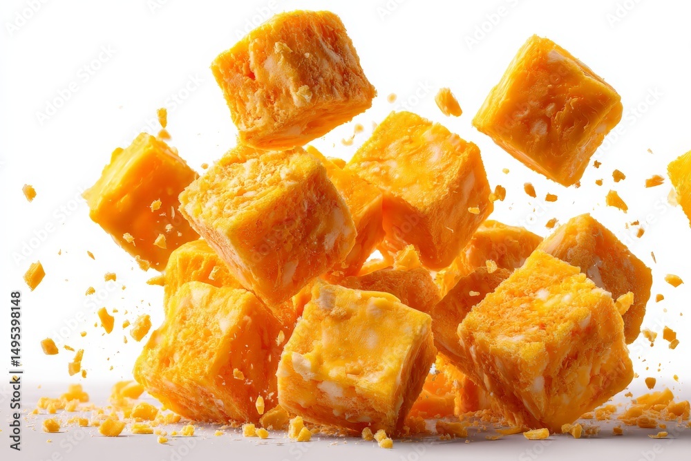 Poster yellow cheese cubes in mid-air with scattered crumbs showcasing a dynamic culinary display