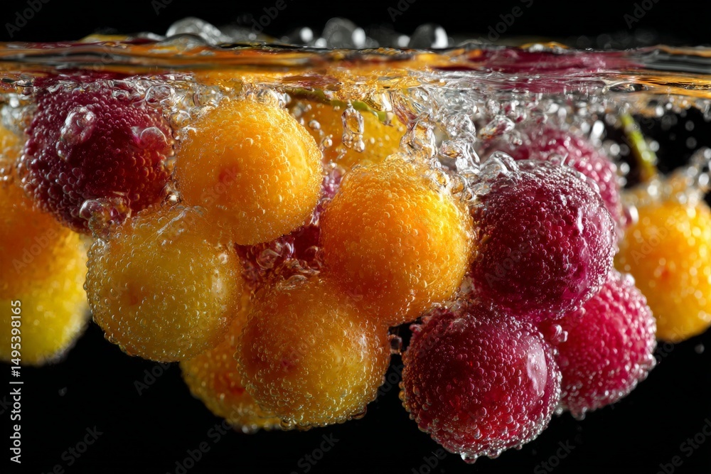 Poster Refreshing grapes and cherries immersed in sparkling water creating an enticing visual display