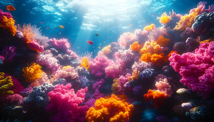 Naklejka premium Vivid coral reef scene with colorful corals, swimming fish and bright sunlight piercing the surface