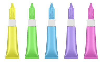 Set of tubes with long nozzle. Yellow, green, blue, purple and pink tubes. 3D mockup of a super glue. Cyanoacrylate glue. Pin point nozzle	