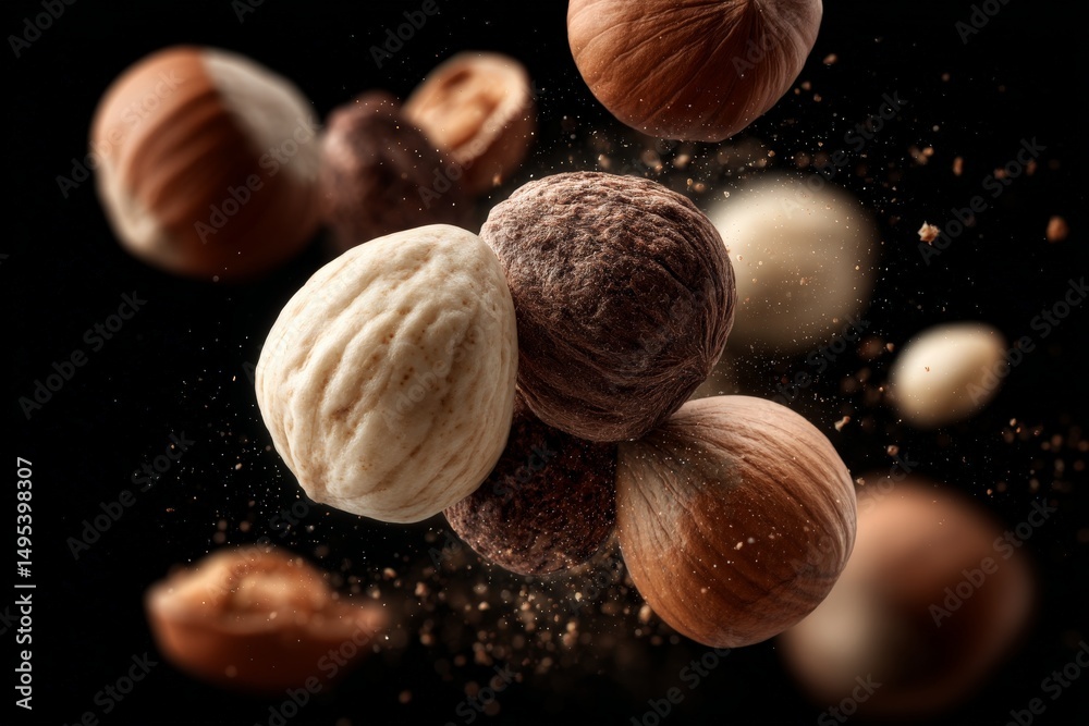 Aufkleber Various nuts floating in the air with a dark background showcasing their textures and colors during a culinary still life