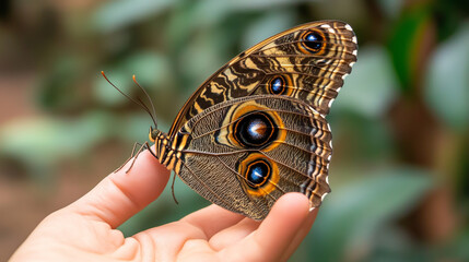 Close-up of a beautiful, colorful butterfly on a hand, with a blurred background.