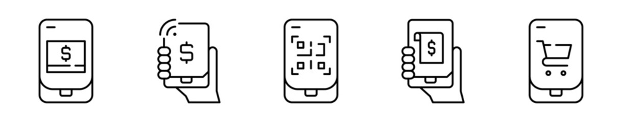 Conjunto de iconos de pagos móviles. Tecnología financiera, compras digitales y transacciones rápidas. Tarjeta, transferencia, escaneo, factura, comercio. Ilustración vectorial