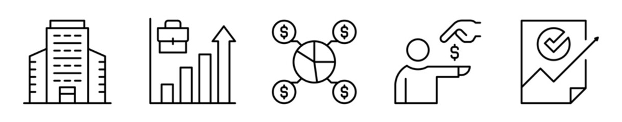 Conjunto de iconos de finanzas corporativas. Negocios, inversión y gestión empresarial. Empresa, crecimiento, distribución, transacción, aprobación financiera. Ilustración vectorial