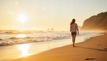 Fototapeta premium Serene woman walking along a sandy beach at sunset, coastal tranquility