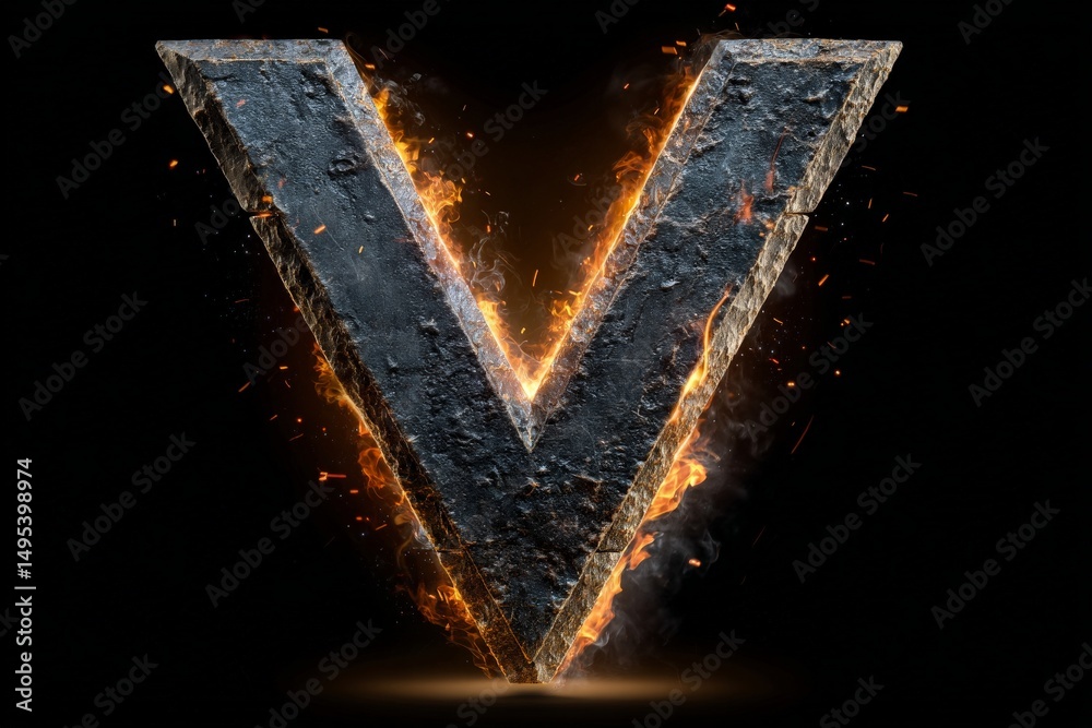Aufkleber v-shaped metallic sculpture with flames and glowing effects displayed in a dark setting for dramatic
