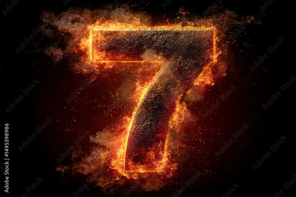 Poster flaming number seven surrounded by glowing embers and smoke highlights fiery intensity and striking 
