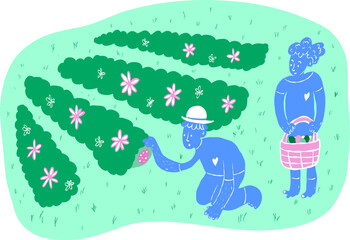 Vector illustration of two people on an Easter egg hunt