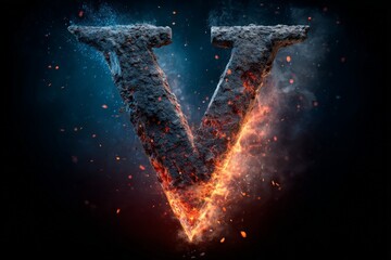 Obraz premium Bold letter V illuminated with fire and smoke creates a dramatic visual effect
