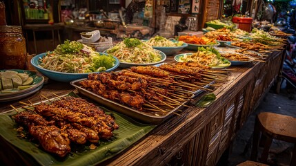 Obraz premium Street food market delights flavorful skewers and fresh salads in vibrant outdoor setting