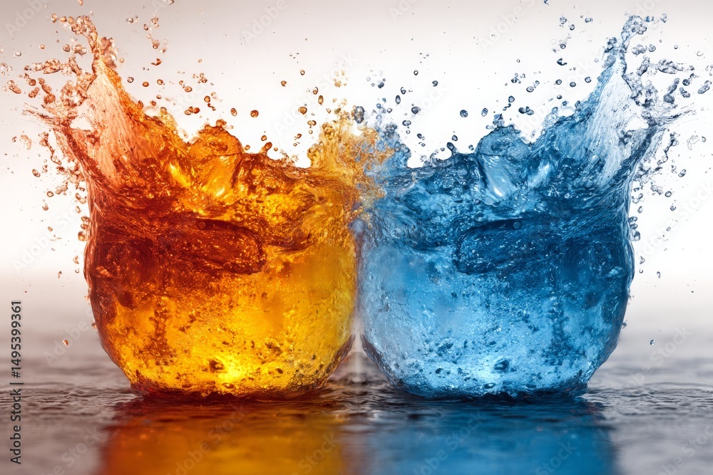 Poster Droplets collide in vibrant orange and blue splash at sunset creating a mesmerizing water display