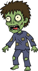 Cartoon illustration of spooky zombie child character with green skin, messy hair, and tattered clothing for halloween designs