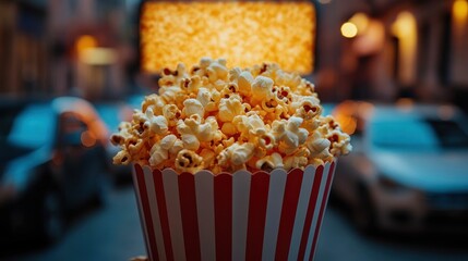 Popcorn in red and white striped container, city background