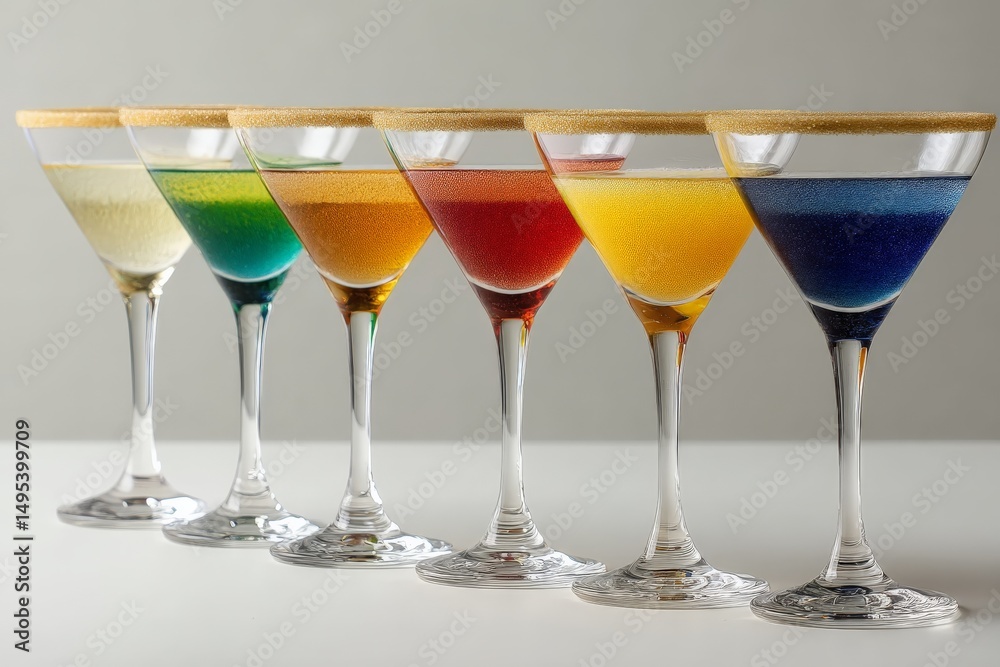 Poster colorful mocktail drinks arranged in a row with unique flavors and decorative rims on a light backgr