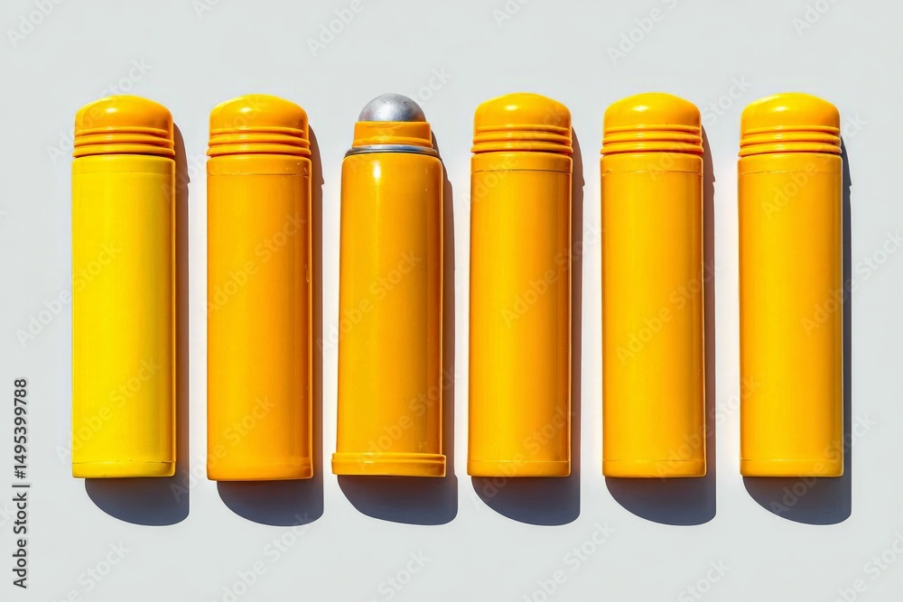 Poster Row of vibrant yellow containers arranged neatly on a flat surface in a bright setting