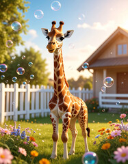 Cute giraffe standing in a sunny garden surrounded by colorful flowers and soap bubbles, with a cozy house and white fence in the background. Cheerful and playful outdoor scene.