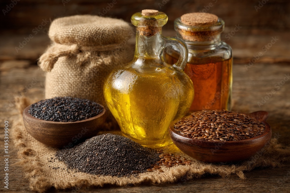 Poster assorted spices and oils displayed on rustic wooden surface in a cozy kitchen setting