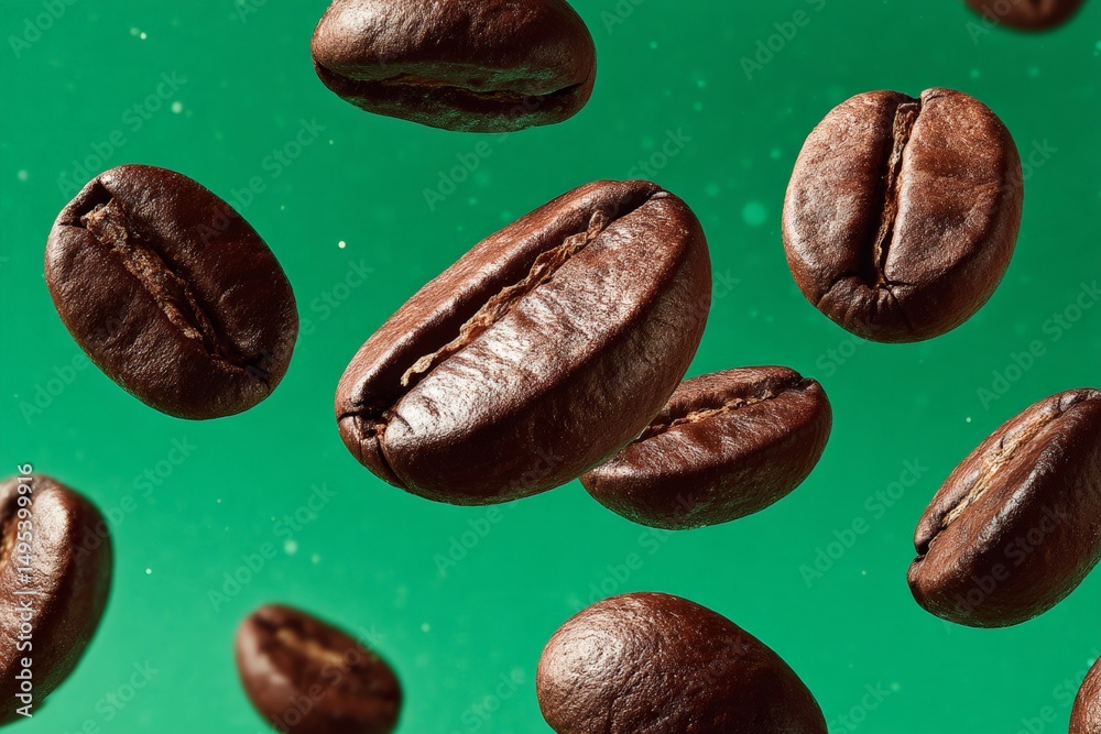 Poster Floating coffee beans create a dynamic visual against a vibrant green background during a still life composition