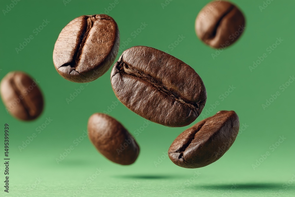 Poster Floating coffee beans create a dynamic visual on a green background during a coffee-inspired aesthetic moment