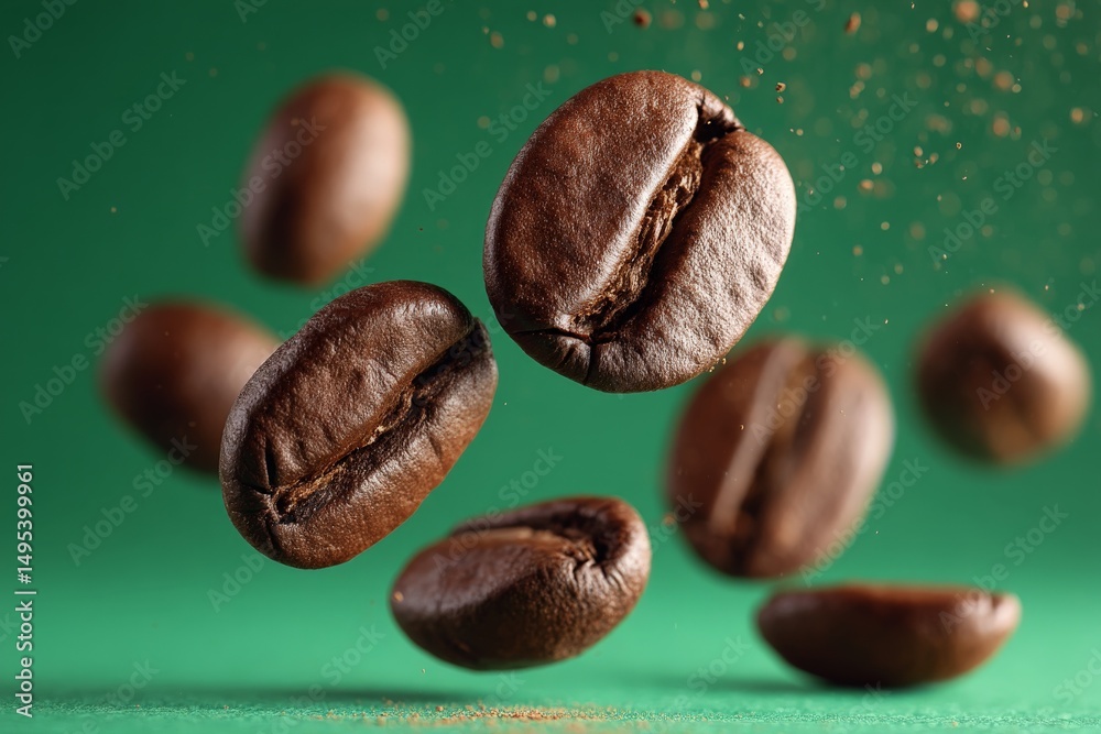 Poster floating coffee beans capture dynamic essence of freshness and flavor in vivid green background