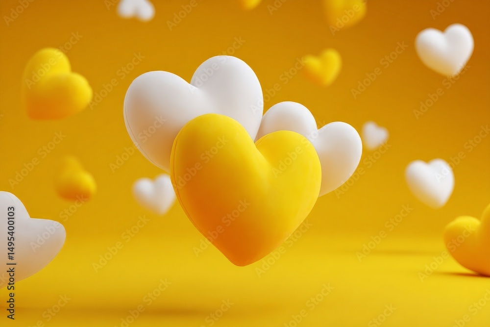 Leinwandbilder Colorful hearts in various sizes float against a bright yellow background creating a playful and cheerful atmosphere