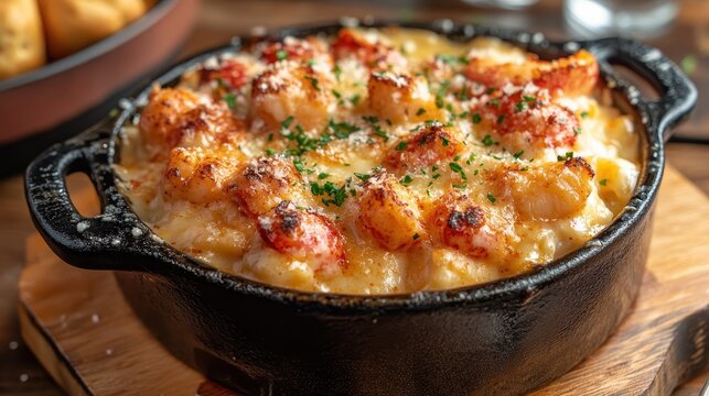 Baked lobster mac and cheese with parsley in black cast iron pan, close-up. Perfect for food blog, restaurant menu, and social media promotion.