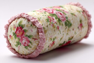 Decorative floral pillow in pastel colors with ruffled edges resting on a neutral surface