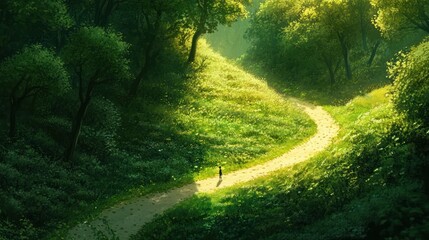 Sunlit path through lush forest