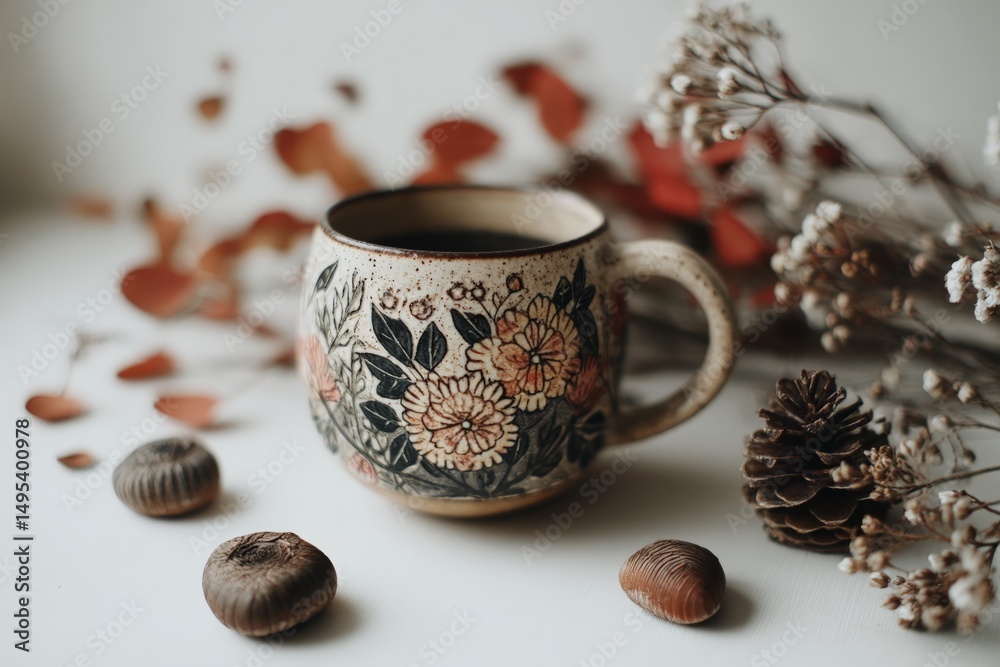 Poster warm autumn coffee in a floral mug surrounded by fallen leaves and natural elements on a serene tabl