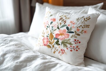 Decorative floral pillow rests on neatly made bed in cozy bedroom