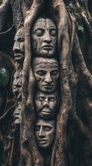 figure of a human face carved into a tree with copy space vertically 9:16
