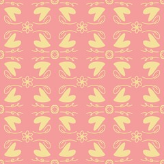 Seamless Pink and Yellow Heart Pattern with Doodles. Yellow hand-drawn hearts, swirls, and floral doodles on a pink background. Perfect for Valentine’s Day, kids' textiles, scrapbooking, and greeting 