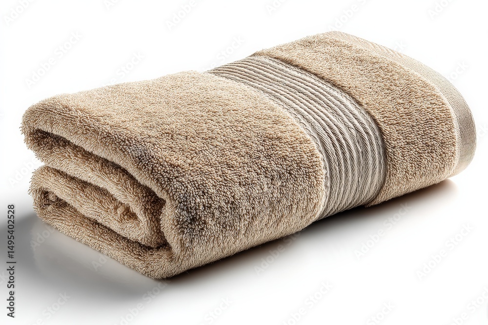 Poster Soft beige towel neatly folded on a clean surface ready for use in a spa or bathroom setting