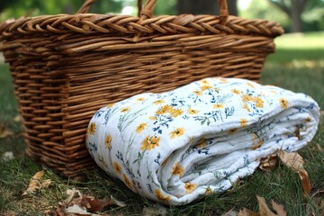 Obraz premium Picnic basket and floral blanket on grass in a sunny park during a summer afternoon