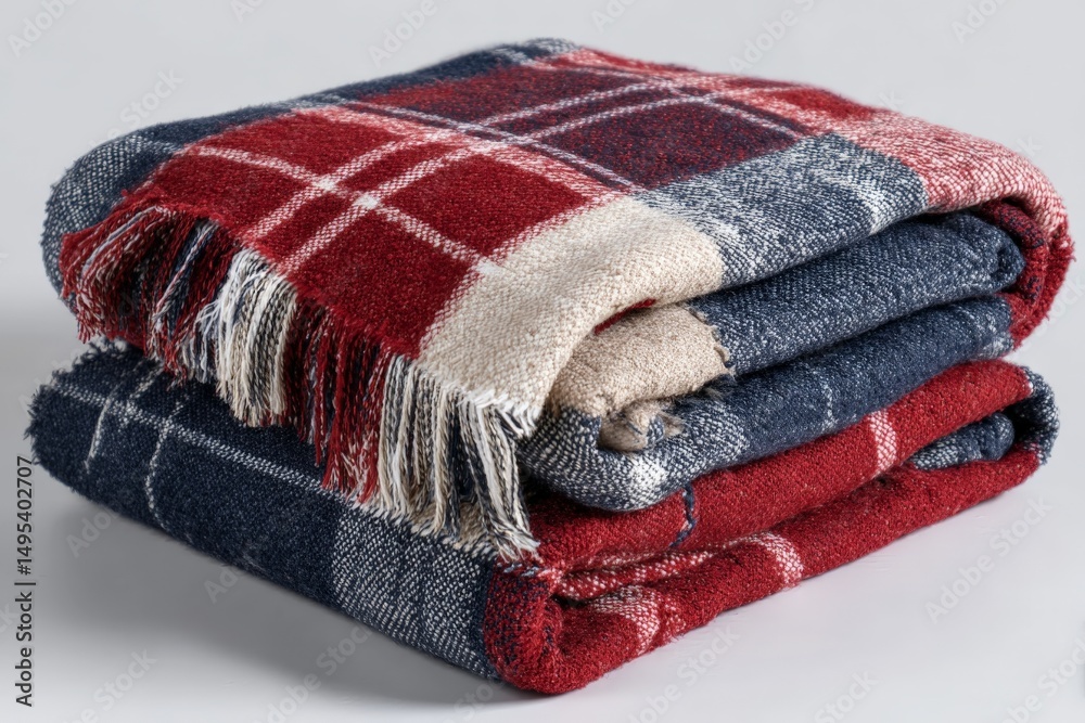 Aufkleber Cozy check-patterned blanket folded neatly on a clean surface in a warm, inviting home setting