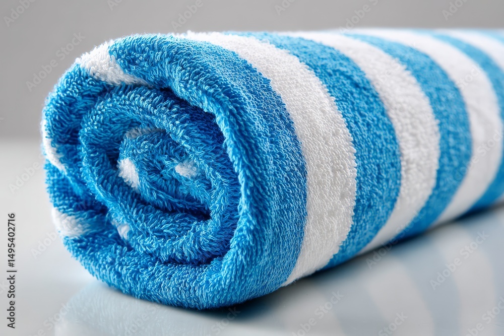 Poster rolled blue and white striped towel displayed on a surface in a bright setting