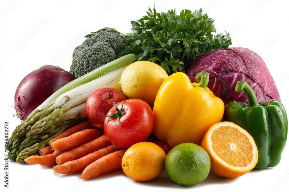 Poster fresh vegetables and fruits arranged in a colorful display on a white background highlighting nutrit