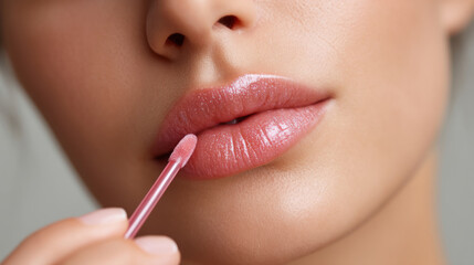Young caucasian female applying glossy pink lipstick to lips close-up