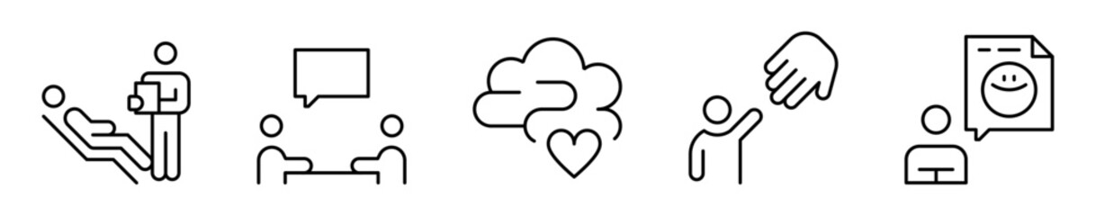 Conjunto de iconos de terapia psicológica. Apoyo emocional, diálogo terapéutico y bienestar mental. Consulta, conversación, equilibrio, ayuda, transformación. Ilustración vectorial