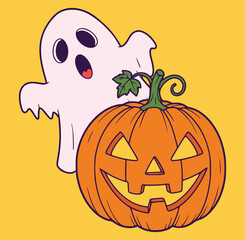 Adorable halloween illustration featuring a floating cartoon ghost beside a carved jack-o'-lantern pumpkin in spooky scene